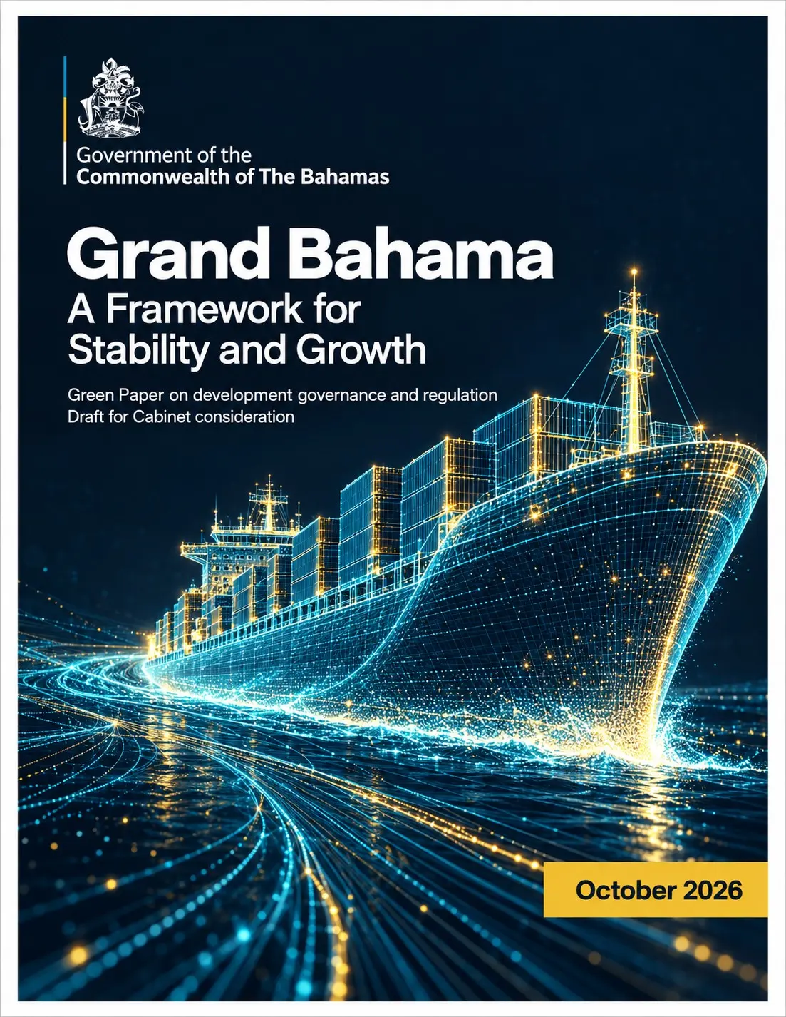 The cover of the Green Paper: a container ship drawn in points of light on a dark sea, dated October 2026